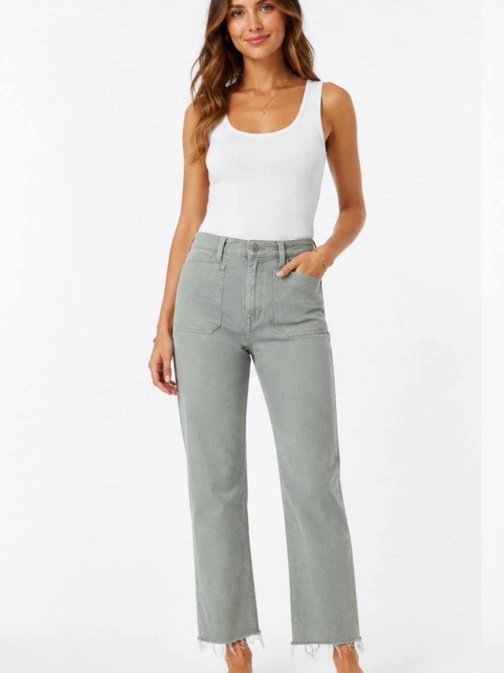 Mavi High Rise Sage Green Straight Leg Pants/Raw Hem NWOT size 28/29